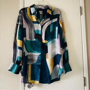 Chico's Silky Satin Blouse Multi Color, Size 2 Large